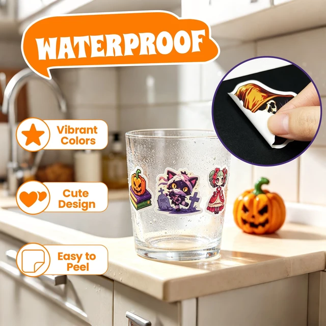 Alt view image 5 of 7 - Halloween Stickers, 100 Pcs Waterproof Halloween Vinyl Stickers Gifts for Boys and Girls, Vinyl Pumpkin Ghost Decals, for Halloween Decorations, Water Bottle, Laptop, Scrapbook, Skateboard
