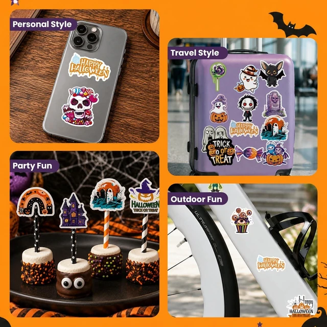 Alt view image 6 of 7 - Halloween Stickers, 100 Pcs Waterproof Halloween Vinyl Stickers Gifts for Boys and Girls, Vinyl Pumpkin Ghost Decals, for Halloween Decorations, Water Bottle, Laptop, Scrapbook, Skateboard