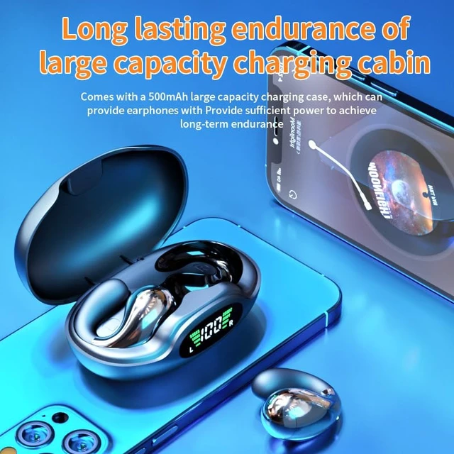 Alt view image 7 of 7 - Wireless Earbuds Open Ear Headphones Clip On Earbuds Bluetooth 5.4 Headphones Long Playtime Ear Buds Digital Display Charging Case Noise Canceling Waterproof Sports Earphones