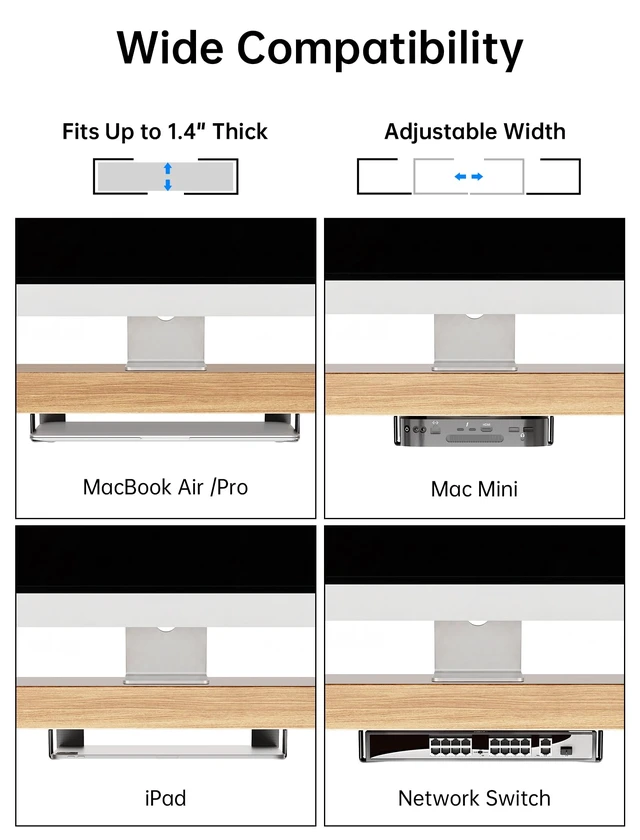 Alt view image 4 of 7 - Under Desk Laptop Mount & Wall Holder, Adjustable Metal Bracket 35mm Wall Bracket for MacBook, Keyboard, Tablet. EVA Pad Protects, Side Open Charging. Space-Saving Storage for Home & Office