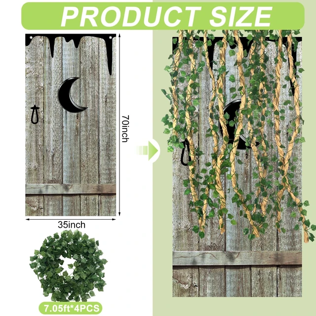 Alt view image 5 of 7 - Vintage Outhouse Barn Door Backdrop for Western Party Decorations 5.91 x 2.95 ft Outhouse Door Cover, 28 ft Artificial Ivy Vines, 32ft DIY Paper Trunk Stick Vine, for Birthday Halloween Party