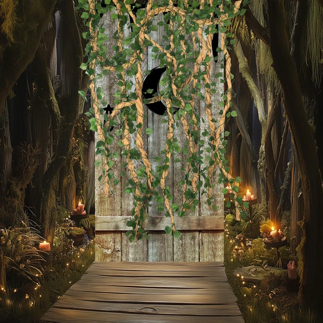Alt view image 7 of 7 - Vintage Outhouse Barn Door Backdrop for Western Party Decorations 5.91 x 2.95 ft Outhouse Door Cover, 28 ft Artificial Ivy Vines, 32ft DIY Paper Trunk Stick Vine, for Birthday Halloween Party