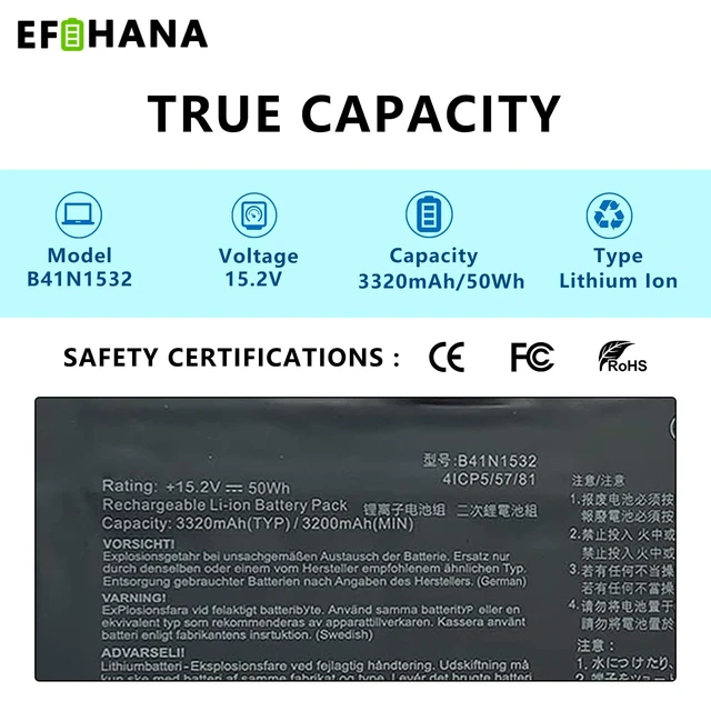 Alt view image 2 of 6 - B41N1532 Laptop Battery Replacement for Asus Zenbook Flip UX560 UX560UA UX560UA-1B Q504U Q504UA Series Notebook 0B200-02010100 15.2V 50Wh 3320mAh