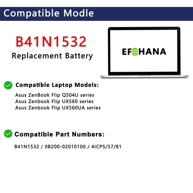 Alt view image 4 of 6 - B41N1532 Laptop Battery Replacement for Asus Zenbook Flip UX560 UX560UA UX560UA-1B Q504U Q504UA Series Notebook 0B200-02010100 15.2V 50Wh 3320mAh