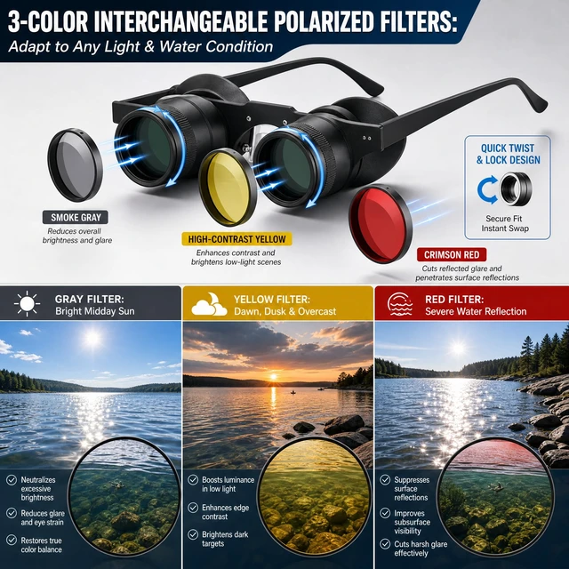 Alt view image 4 of 7 - Hands-Free Binocular Glasses for Fishing, HD Telescope Glasses with 3 Color Filters & Focus (±7 Diopters), 4-50m Float Viewing Optics for Concerts, Sports
