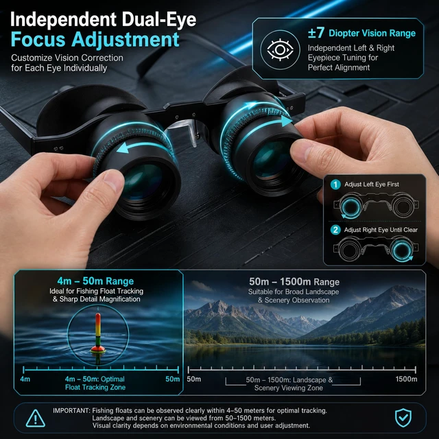 Alt view image 6 of 7 - Hands-Free Binocular Glasses for Fishing, HD Telescope Glasses with 3 Color Filters & Focus (±7 Diopters), 4-50m Float Viewing Optics for Concerts, Sports