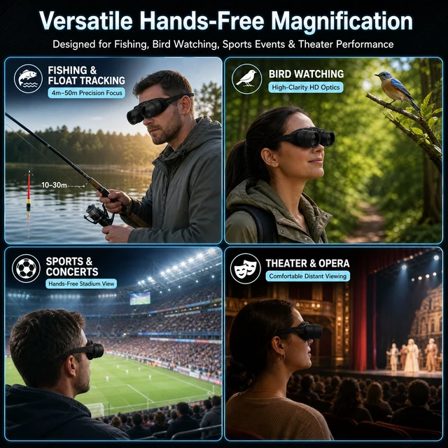 Alt view image 7 of 7 - Hands-Free Binocular Glasses for Fishing, HD Telescope Glasses with 3 Color Filters & Focus (±7 Diopters), 4-50m Float Viewing Optics for Concerts, Sports