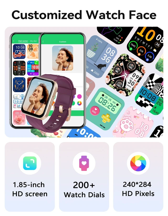 Alt view image 4 of 6 - Smart Watch for Women with Bluetooth Call for iPhong Android Phones Purple 1.8" Smartwatch, Fitness Tracker with Heart Rate Monitor Sleep Tracker 100+ Sports Modes, Steps/Calories Counter, Waterproof