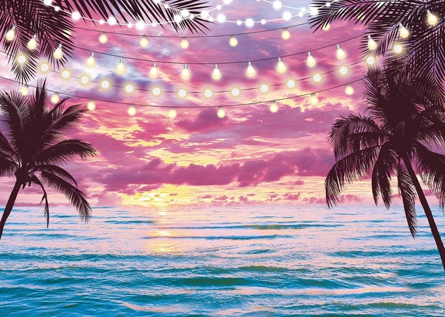 Alt view image 2 of 7 - Summer Beach Sunset Backdrop Hawaiian Tropical Palm Trees Seaside Pink Sky Photography Background Sunset Ocean Wedding Baby Shower Birthday Luau Party Decorations Photo Booth Props (8x6FT)