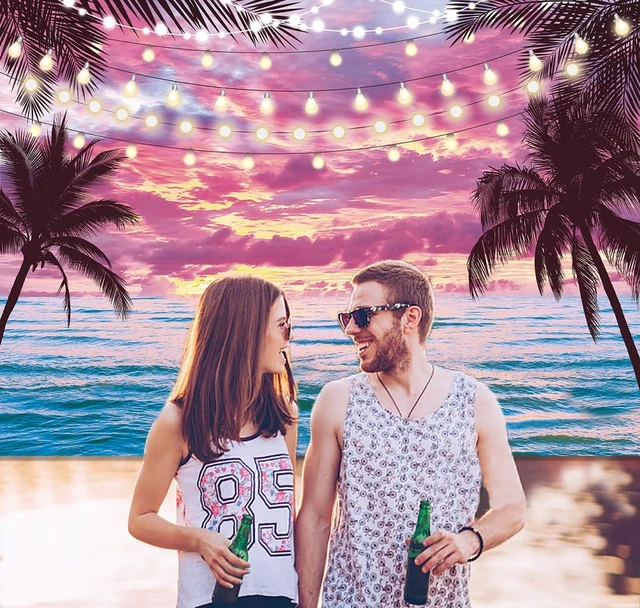 Alt view image 4 of 7 - Summer Beach Sunset Backdrop Hawaiian Tropical Palm Trees Seaside Pink Sky Photography Background Sunset Ocean Wedding Baby Shower Birthday Luau Party Decorations Photo Booth Props (8x6FT)