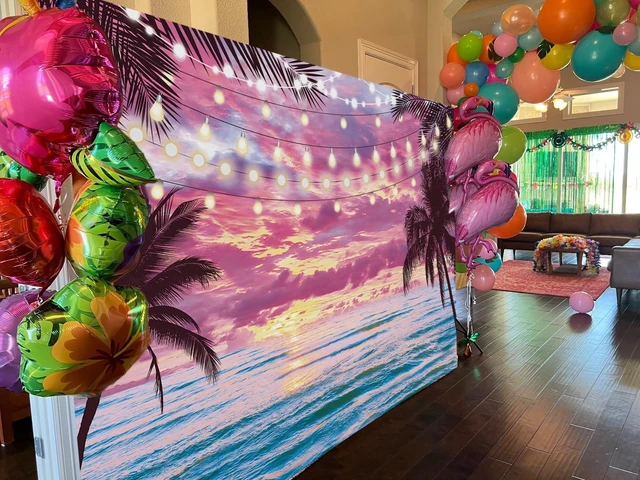 Alt view image 5 of 7 - Summer Beach Sunset Backdrop Hawaiian Tropical Palm Trees Seaside Pink Sky Photography Background Sunset Ocean Wedding Baby Shower Birthday Luau Party Decorations Photo Booth Props (8x6FT)