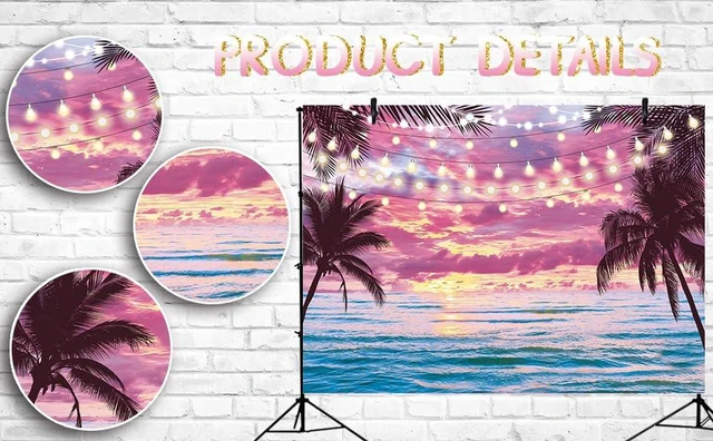 Alt view image 7 of 7 - Summer Beach Sunset Backdrop Hawaiian Tropical Palm Trees Seaside Pink Sky Photography Background Sunset Ocean Wedding Baby Shower Birthday Luau Party Decorations Photo Booth Props (8x6FT)
