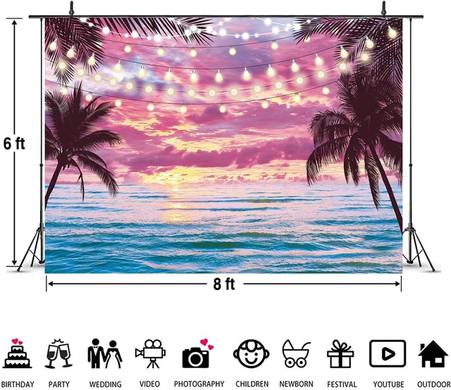 Alt view image 6 of 7 - Summer Beach Sunset Backdrop Hawaiian Tropical Palm Trees Seaside Pink Sky Photography Background Sunset Ocean Wedding Baby Shower Birthday Luau Party Decorations Photo Booth Props (8x6FT)