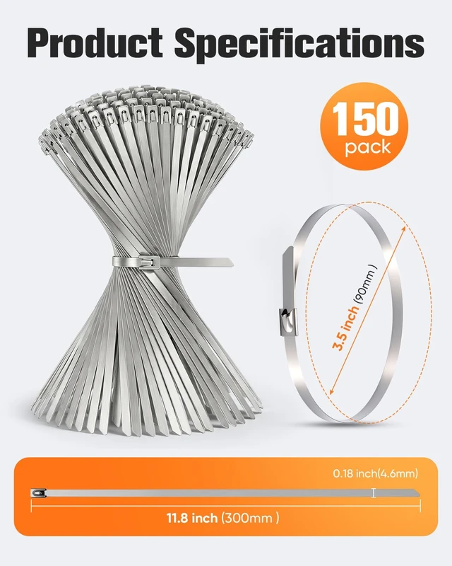 Alt view image 2 of 7 - Heavy-Duty Stainless Steel Zip Ties, 150 Pieces 11.8in, 200lbs High Tensile Strength, Weather & UV Resistant Self-Locking Cable Ties for Fence, Exhaust Pipe, Industrial, Outdoor and Home Use