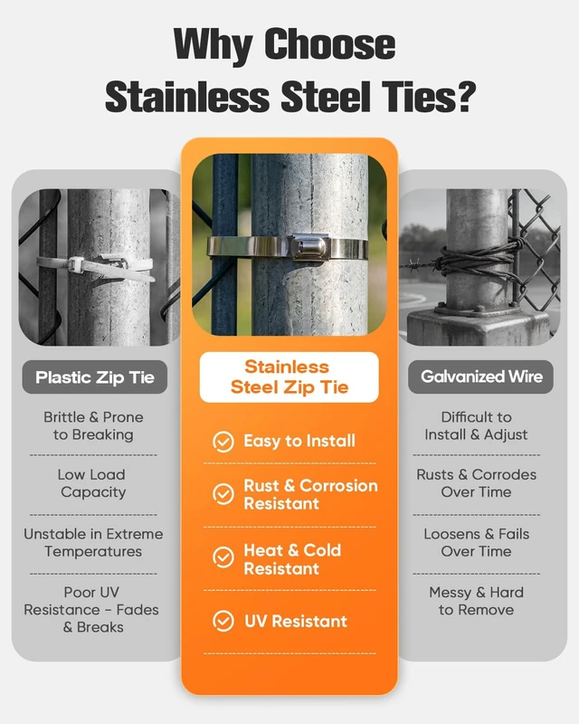 Alt view image 5 of 7 - Heavy-Duty Stainless Steel Zip Ties, 150 Pieces 11.8in, 200lbs High Tensile Strength, Weather & UV Resistant Self-Locking Cable Ties for Fence, Exhaust Pipe, Industrial, Outdoor and Home Use