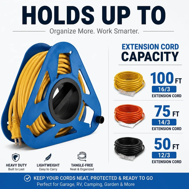 Alt view image 3 of 6 - Extension Cord Reel Heavy Duty 16 in. Portable Cable Winder Organizes Up to 100 ft 16/3, 75 ft 14/3 or 50 ft 12/3 Extension Cord Ideal for Garage, RV, Camping, Garden & Workshop