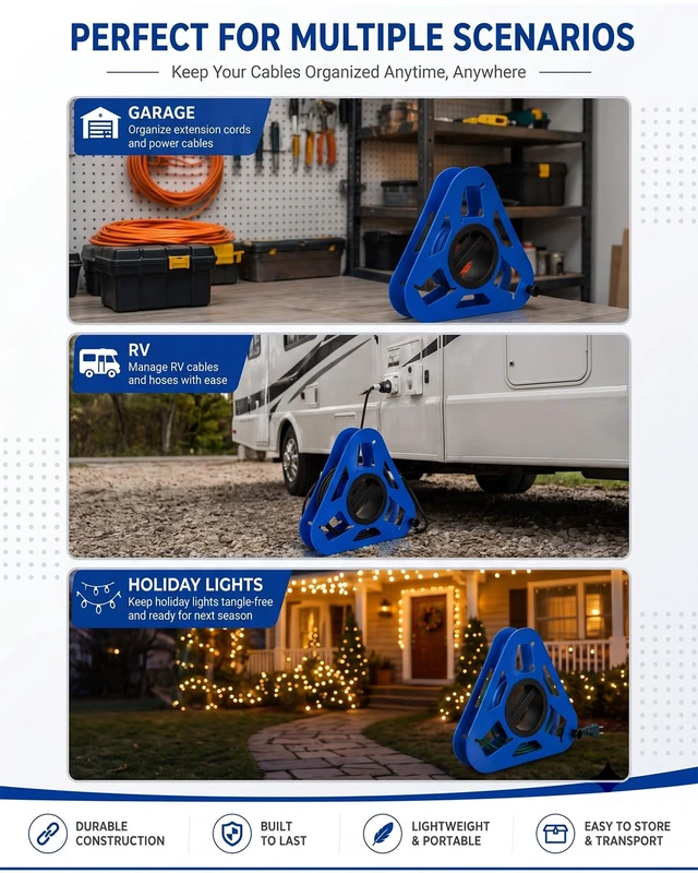 Alt view image 5 of 6 - Extension Cord Reel Heavy Duty 16 in. Portable Cable Winder Organizes Up to 100 ft 16/3, 75 ft 14/3 or 50 ft 12/3 Extension Cord Ideal for Garage, RV, Camping, Garden & Workshop