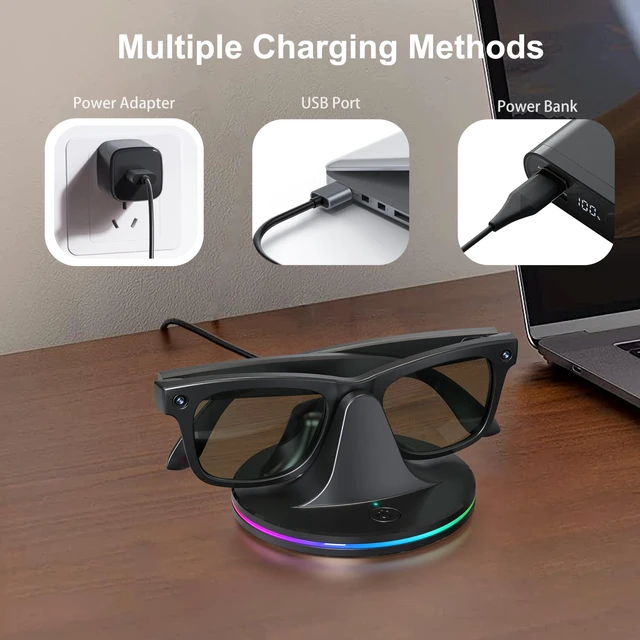 Alt view image 4 of 7 - Charging Dock for Ray-Ban Meta Glasses, Black Compatible with Wayfarer, Skyler, Headliner & Oakley HSTN, LED Indicator, Ambient LightingUSB Cable