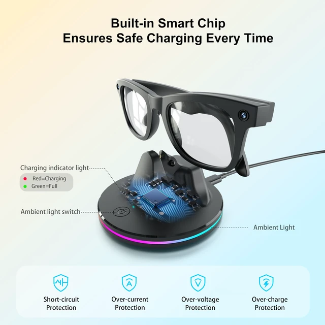Alt view image 5 of 7 - Charging Dock for Ray-Ban Meta Glasses, Black Compatible with Wayfarer, Skyler, Headliner & Oakley HSTN, LED Indicator, Ambient LightingUSB Cable