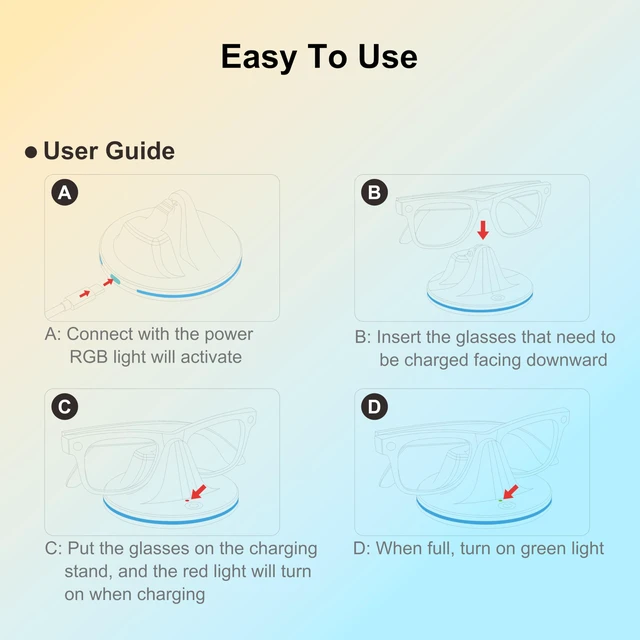 Alt view image 7 of 7 - Charging Dock for Ray-Ban Meta Glasses, White Compatible with Wayfarer, Skyler, Headliner & Oakley HSTN, LED Indicator, Ambient LightingUSB Cable