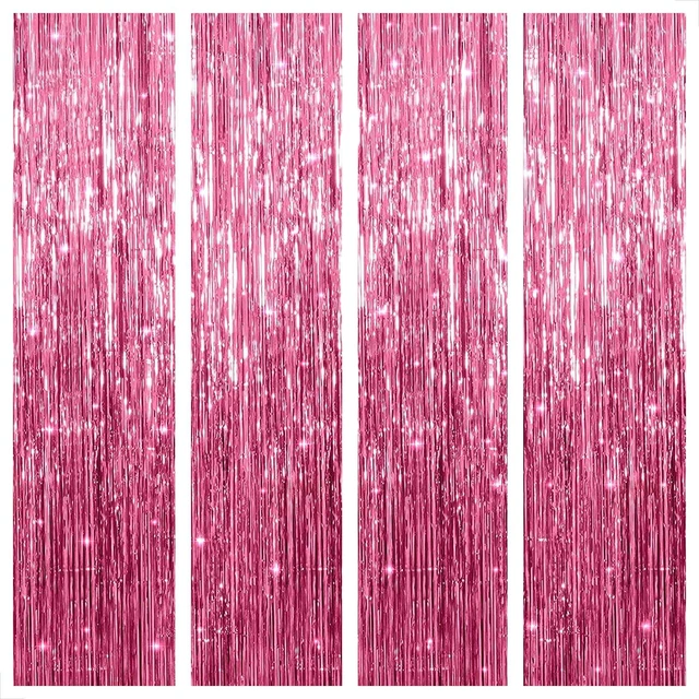 Main image of Hot Pink Metallic Fringe Party Backdrop Curtain Set, Pack of 4 Perfect hot pink birthday decorations and hot pink party decorations for any pastel or soft-toned celebration event