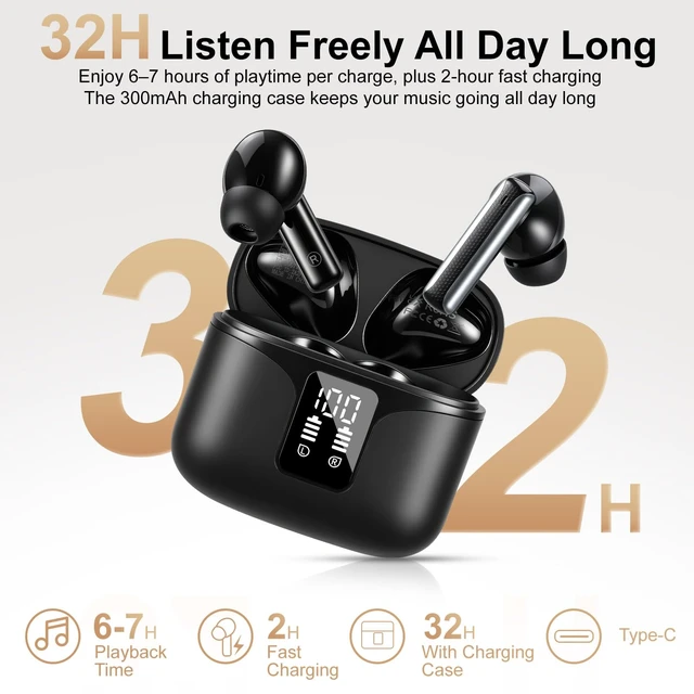 Alt view image 4 of 7 - Wireless Earbuds, Bluetooth 6.0 Headphones with ENC Mic, Clear Calls, Smart LED Power Display, IPX5 Waterproof in Ear Earphones for Phone, Laptop, Sports (Black)