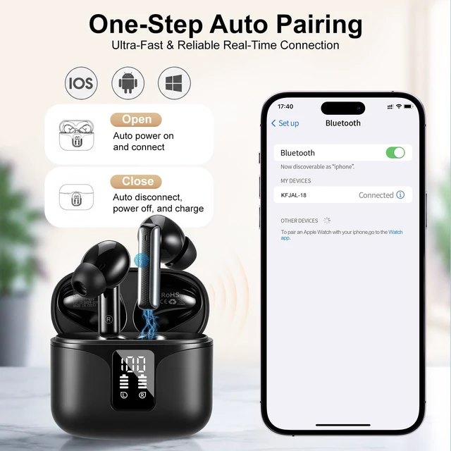 Alt view image 6 of 7 - Wireless Earbuds, Bluetooth 6.0 Headphones with ENC Mic, Clear Calls, Smart LED Power Display, IPX5 Waterproof in Ear Earphones for Phone, Laptop, Sports (Black)
