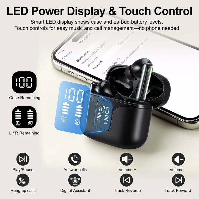 Alt view image 7 of 7 - Wireless Earbuds, Bluetooth 6.0 Headphones with ENC Mic, Clear Calls, Smart LED Power Display, IPX5 Waterproof in Ear Earphones for Phone, Laptop, Sports (Black)