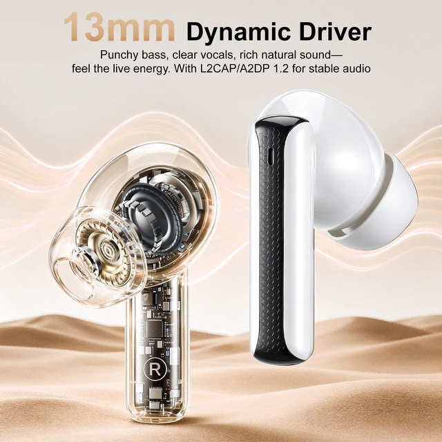 Alt view image 2 of 7 - Wireless Earbuds, Bluetooth 6.0 Headphones with ENC Mic, Clear Calls, Smart LED Power Display, IPX5 Waterproof in Ear Earphones for Phone, Laptop, Sports (White)