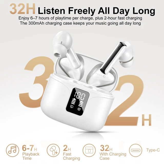 Alt view image 4 of 7 - Wireless Earbuds, Bluetooth 6.0 Headphones with ENC Mic, Clear Calls, Smart LED Power Display, IPX5 Waterproof in Ear Earphones for Phone, Laptop, Sports (White)