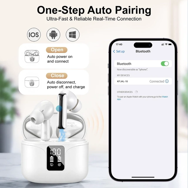 Alt view image 6 of 7 - Wireless Earbuds, Bluetooth 6.0 Headphones with ENC Mic, Clear Calls, Smart LED Power Display, IPX5 Waterproof in Ear Earphones for Phone, Laptop, Sports (White)
