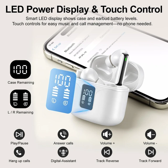 Alt view image 7 of 7 - Wireless Earbuds, Bluetooth 6.0 Headphones with ENC Mic, Clear Calls, Smart LED Power Display, IPX5 Waterproof in Ear Earphones for Phone, Laptop, Sports (White)