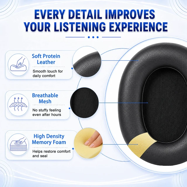 Alt view image 5 of 7 - Replacement Ear Pads for Jabra Elite 85H Wireless Over-Ear Headphone, Extra-Thick and Durable Ear Cups Cover, Soft LeatherMemory Foam Headset Cushions-Black