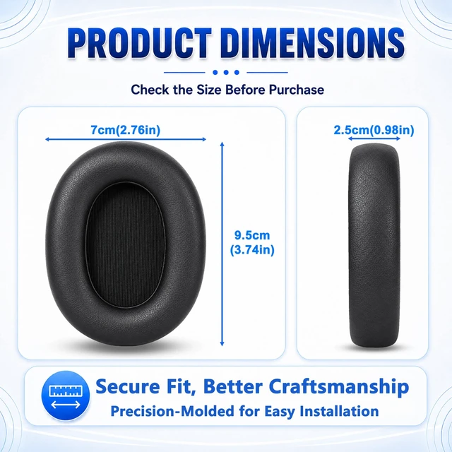 Alt view image 6 of 7 - Replacement Ear Pads for Jabra Elite 85H Wireless Over-Ear Headphone, Extra-Thick and Durable Ear Cups Cover, Soft LeatherMemory Foam Headset Cushions-Black
