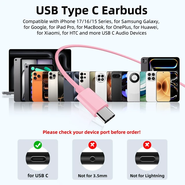 Alt view image 7 of 7 - USB C Wired Earbuds with Mic Volume Control for iPhone 18 Pro Max 17 16 15 HiFi Stereo Type C Headphones for Samsung S26 Ultra S25 S24 S23 S22 S21, Noise Isolation Ear Buds for iPad 10/Pixel 9 8, Pink