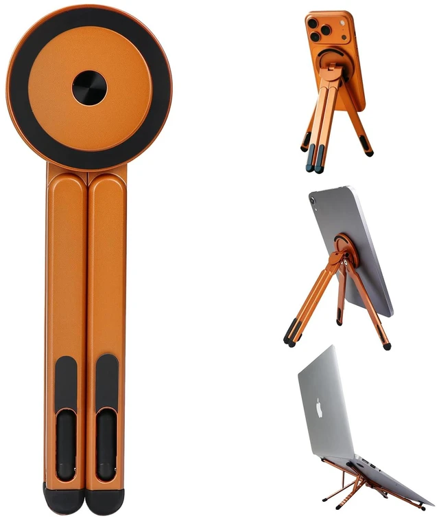 Main image of 3-in-1 Foldable Magnetic Stand for Laptop, Tablet & Phone, Orange Aluminum Alloy Holder Adjustable Portable & Stable Desktop Riser for MacBook, iPad, iPhone, Samsung