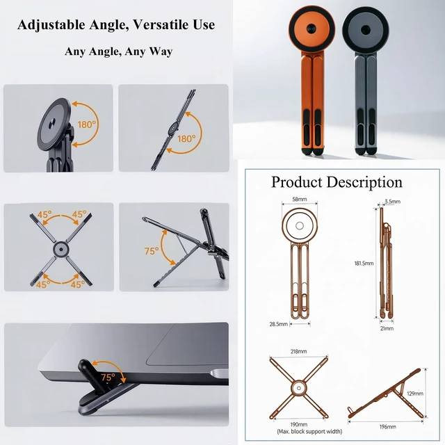 Alt view image 2 of 7 - 3-in-1 Foldable Magnetic Stand for Laptop, Tablet & Phone, Orange Aluminum Alloy Holder Adjustable Portable & Stable Desktop Riser for MacBook, iPad, iPhone, Samsung