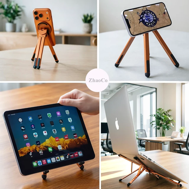 Alt view image 4 of 7 - 3-in-1 Foldable Magnetic Stand for Laptop, Tablet & Phone, Orange Aluminum Alloy Holder Adjustable Portable & Stable Desktop Riser for MacBook, iPad, iPhone, Samsung