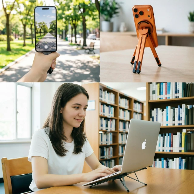 Alt view image 6 of 7 - 3-in-1 Foldable Magnetic Stand for Laptop, Tablet & Phone, Orange Aluminum Alloy Holder Adjustable Portable & Stable Desktop Riser for MacBook, iPad, iPhone, Samsung