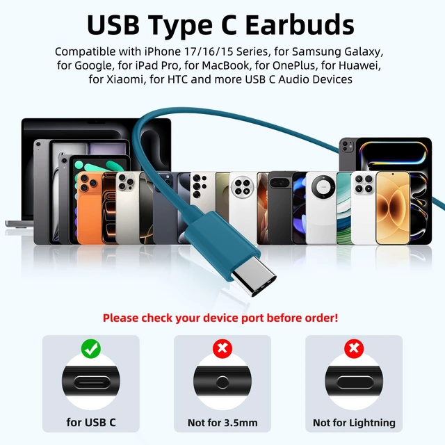 Alt view image 7 of 7 - USB C Wired Earbuds with Mic Volume Control for iPhone 18 Pro Max 17 16 15 HiFi Stereo Type C Headphones for Samsung S26 Ultra S25 S24 S23 S22 S21, Noise Isolation Ear Buds for iPad 10/Pixel 9 8, Blue