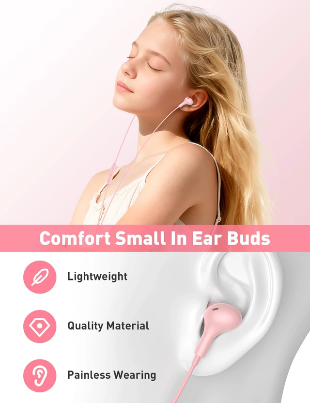 Alt view image 3 of 7 - Wired Earbuds 3.5mm Jack School Airplane Travel Headphones Pink 3.5 mm Plug Earphones with S/M/L in Ear Buds Tips Microphone, Music Calls Remote Control Corded for Office