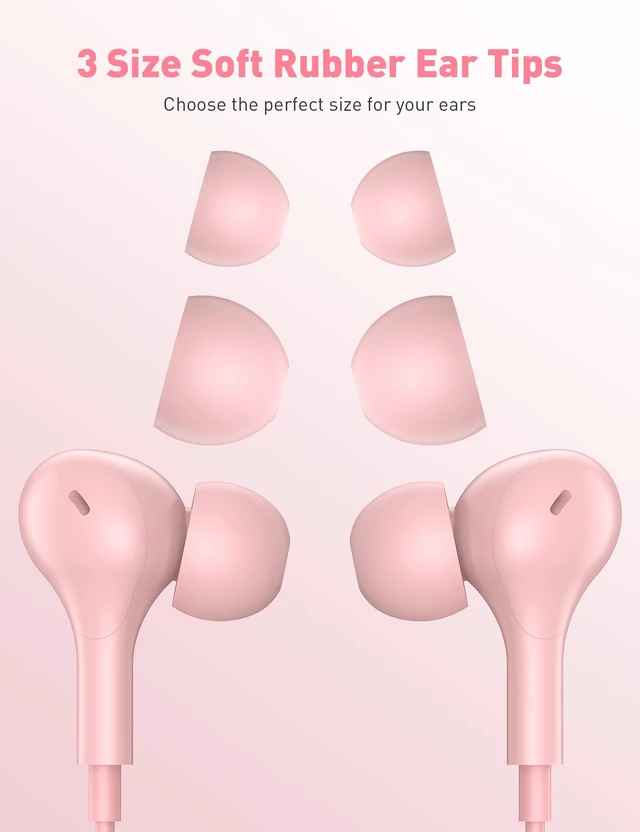 Alt view image 5 of 7 - Wired Earbuds 3.5mm Jack School Airplane Travel Headphones Pink 3.5 mm Plug Earphones with S/M/L in Ear Buds Tips Microphone, Music Calls Remote Control Corded for Office