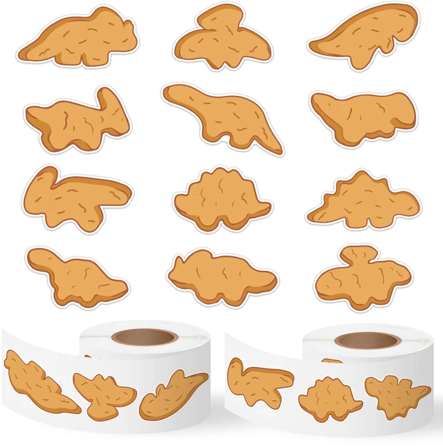 Main image of Dino Nuggets Stickers - 2000Pcs in 2 Rolls Cute Decals for Kids 12 Designs Dinosaur Chicken Nuggets, Funny Waterproof Adhesive Roll Stickers, Birthday Party Favors, Guitar Laptop Home Decor