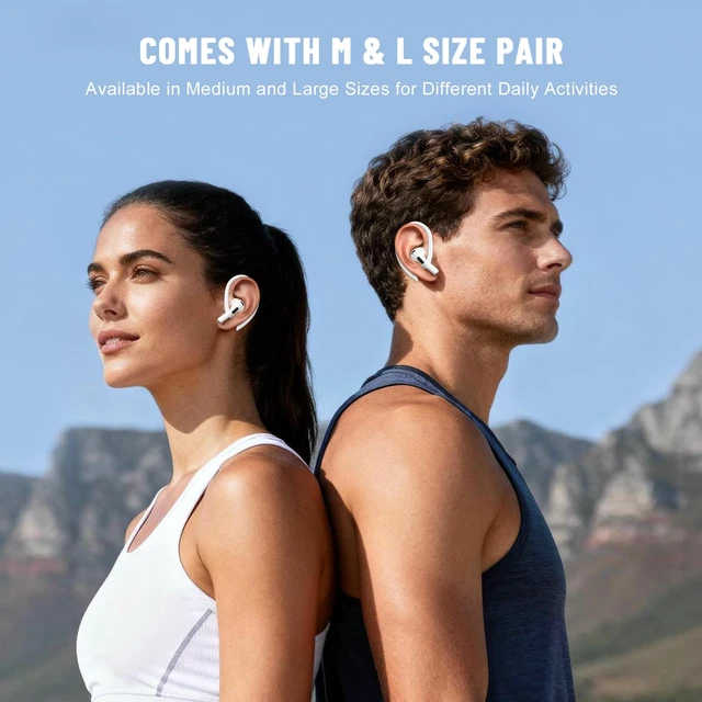 Alt view image 2 of 7 - 2 Pairs Ear Hooks for AirPods 5 AirPod Pro 3-1 AirPod 4-1 White M & L Size Pairs, Anti Slip Sports Hooks, Upgraded Full Button Access, Compatible with all AirPods Model, Comfortable to wear
