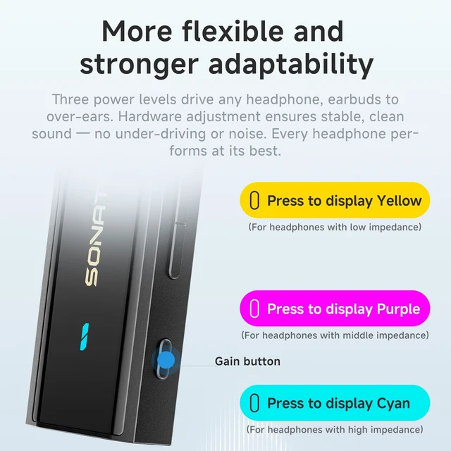 Alt view image 4 of 6 - Sonata BHD Portable USB DAC& dongle,3 Adjustable gain Level, 4.4mm&3.5mm, Volume Button,for Android,iOS,MAC,Windows Portable DAC Amp