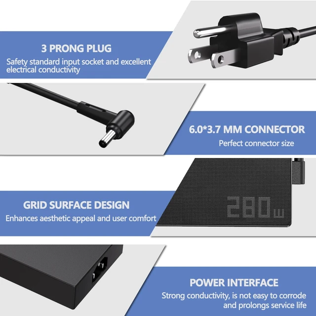 Alt view image 6 of 7 - 280W for Asus Laptop Charger 6.0 x 3.7MM Fit for ROG Strix,Zephyrus,TUF Compatible with ROG Strix G15 G17 G614 G713 G814 Scar 15 17 G532L G732L Zephyrus S17 M16 FA617 TUF A15 16 17 Gaming Laptop
