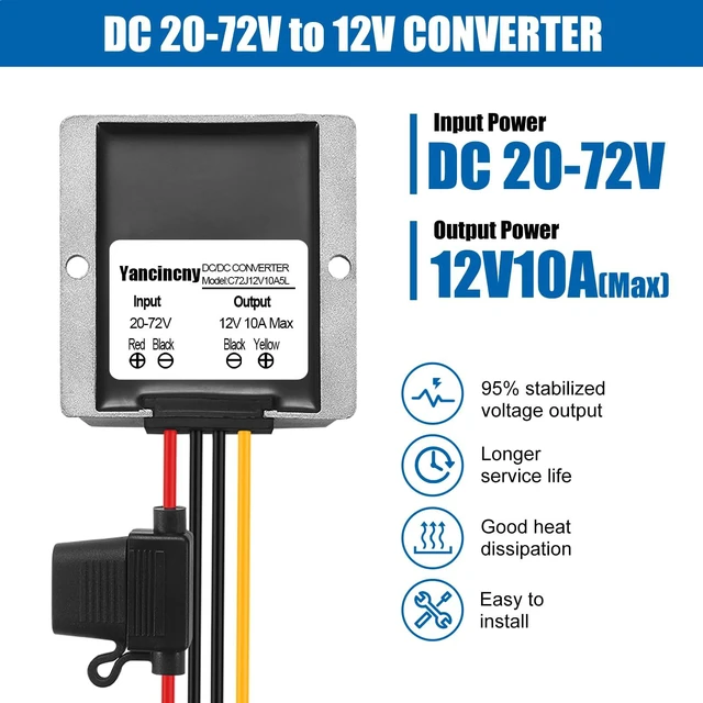 Alt view image 2 of 7 - 10A 120W 12V Golf Cart 24V 36V 48V 72V to 12V DC Converter Voltage Regulator Reducer Transformer with Fuse - Waterproof DC Step Down Converter 24V to 12-V(Input Range: 20-72V)