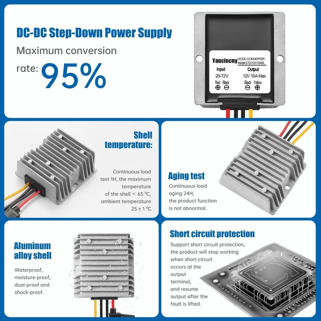 Alt view image 5 of 7 - 10A 120W 12V Golf Cart 24V 36V 48V 72V to 12V DC Converter Voltage Regulator Reducer Transformer with Fuse - Waterproof DC Step Down Converter 24V to 12-V(Input Range: 20-72V)