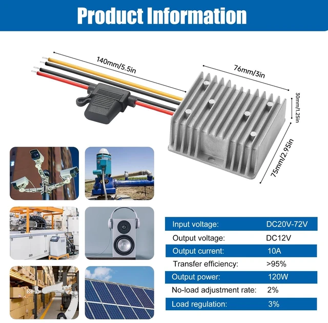 Alt view image 7 of 7 - 10A 120W 12V Golf Cart 24V 36V 48V 72V to 12V DC Converter Voltage Regulator Reducer Transformer with Fuse - Waterproof DC Step Down Converter 24V to 12-V(Input Range: 20-72V)