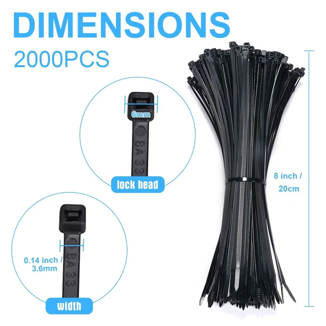 Alt view image 5 of 6 - 8 Inch Zip Ties Black 2000 Pack, 40 lb Tensile Strength Nylon Cable Ties, UV Resistant Self-Locking Wire Ties for Cable Management, Indoor Outdoor, Garage, Home & Industrial Use